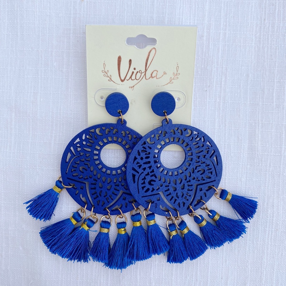 Royal Blue Wooden Fashion Earrings w/Tassels NWOT